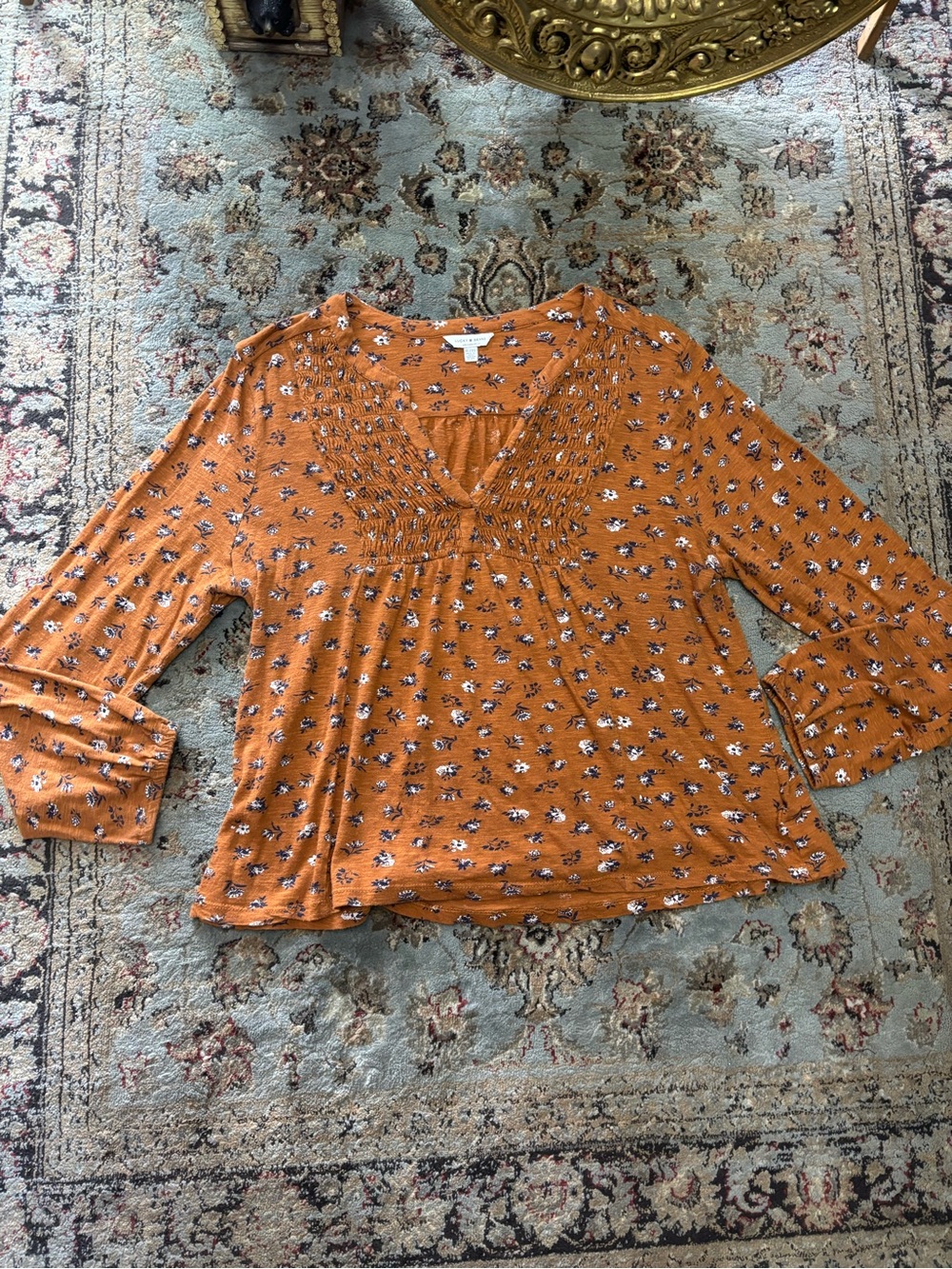 Lucky Brand Mustard Floral Smocked V-Neck Blouse - Picture 2 of 4